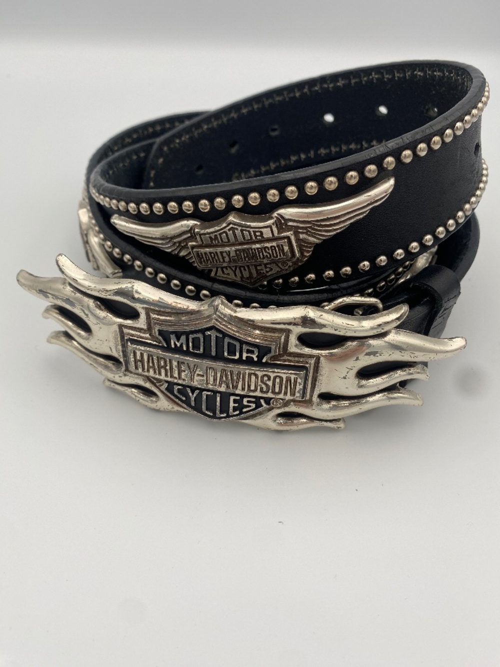 Harley-Davidson Silver-tone Flame Black Leather XL Mens Belt